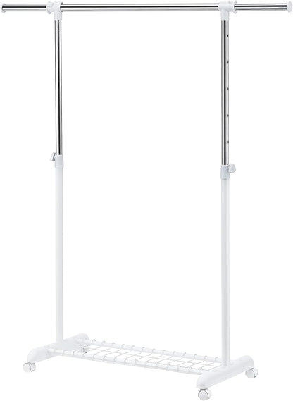 LiaMeE Adjustable Clothing Rack for Hanging Clothes, Heavy Duty Garment Rack with Wheels，Free Standing Rolling Clothes Rack with Shelf & Grid, Easy Assembly Standard Rod, White & Chrome