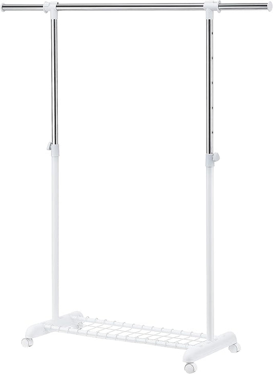 LiaMeE Adjustable Clothing Rack for Hanging Clothes, Heavy Duty Garment Rack with Wheels，Free Standing Rolling Clothes Rack with Shelf & Grid, Easy Assembly Standard Rod, White & Chrome