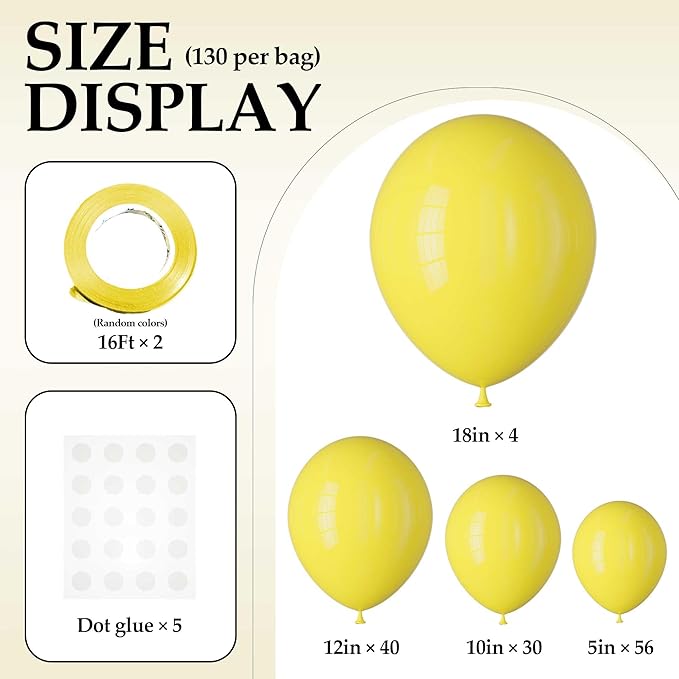130PCS Yellow Balloons - Latex Helium Balloons with Ribbon, Assorted Sizes 18/12/10/5 Inch - Perfect for Birthday, Wedding, Graduation and More