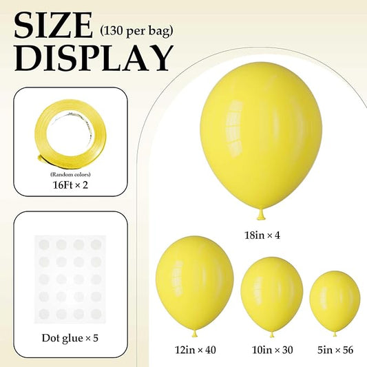 130PCS Yellow Balloons - Latex Helium Balloons with Ribbon, Assorted Sizes 18/12/10/5 Inch - Perfect for Birthday, Wedding, Graduation and More