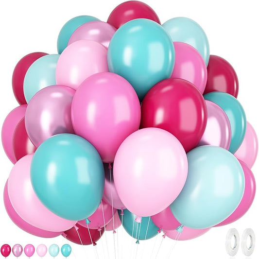 Hot Pink and Teal Blue Balloons, 12 Inches 50 Pcs Rose Red Teal Blue Pastel Pink Turquoise Latex Balloon for Birthday Baby Shower Wedding Anniversary Party Supplies