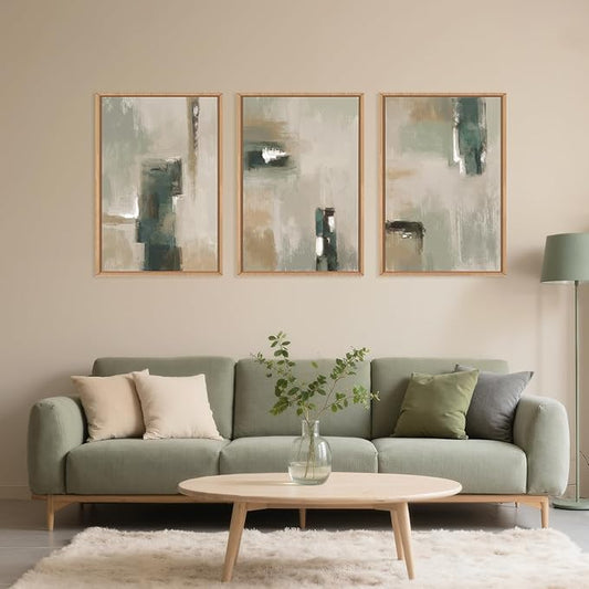 Large Abstract Green Brown Framed Canvas Wall Art,Modern Brush Stoke Wall Decor,Neutral Beige Grey Wall Painting,Rustic Minimalist Artwork for Living Room,Bedroom,Dining Room,Office -16"x24"x3