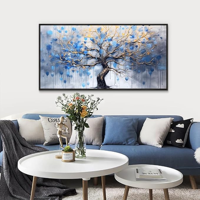 Wapluam Black Framed Canvas Wall Art For Living Room Wall Decor For Bedroom Abstract Office Blue Tree Scenery Wall Pictures Modern Home Decorations Stretched And Framed Ready To Hang Room Artwork