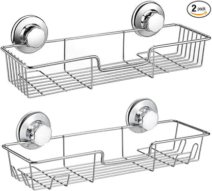 iPEGTOP Strong Suction Cup Shower Caddy Bath Shelf Storage with 4 Side Hooks, Combo Organizer Basket for Shampoo, Conditioner, Soap, Razor Bathroom Accessories, Chrome, 2 Count