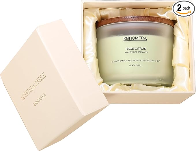 Scented Soy Wax Candle, 12.4 Oz Glass Jar, 70+ Hours Burn Time, Natural Essential Oils, Cotton Wick, Long Lasting Fragrance, Modern Contemporary Style (Sage Citrus 2pack)