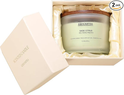 Scented Soy Wax Candle, 12.4 Oz Glass Jar, 70+ Hours Burn Time, Natural Essential Oils, Cotton Wick, Long Lasting Fragrance, Modern Contemporary Style (Sage Citrus 2pack)