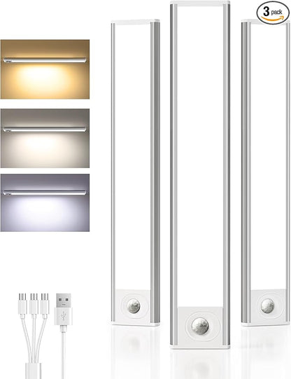 Under Cabinet Lighting Wireless,Rechargeable Battery Motion Sensor Light Indoor,LED Closet Lights USB Charging,3 Color Dimmable Under Cabinet Lights for Kitchen, Cabinet, Wardrobe (3 Pcs)12in