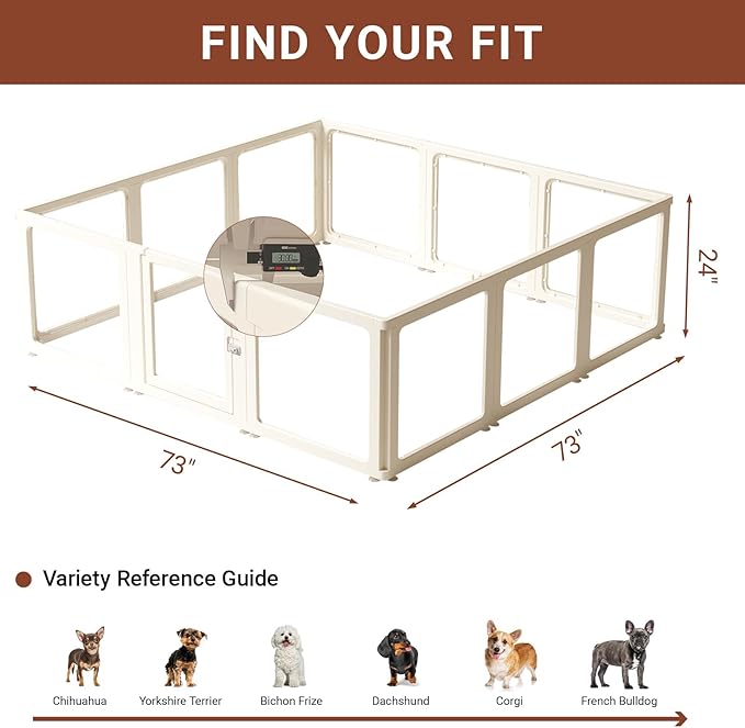 Transparent 12-Panel Dog Playpen, Acrylic Indoor/Outdoor Puppy Pen for Small & Medium Dogs, 24 Inch with Door, White(Fully Transparent 74 * 74 Single Room,24 inch)