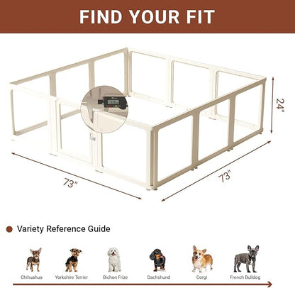 Transparent 12-Panel Dog Playpen, Acrylic Indoor/Outdoor Puppy Pen for Small & Medium Dogs, 24 Inch with Door, White(Fully Transparent 74 * 74 Single Room,24 inch)