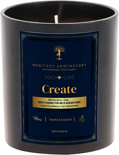 Create Aromatherapy Candle – Vanilla & Coconut Scent with Cinnamon and Rose Quartz Crystals – Hand-Poured Soy Candle for Inspiration, Creativity & Manifestation by Manifest Apothecary- Blue (Create)