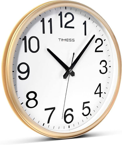 Wall Clock, 16 Inch Large Dial Non-Ticking Silent Battery Operated Quality Analog, Ultra-Quiet Movement Quartz, Timeless Stylish Clock, Ideal Modern Home, Office Décor (Gold)