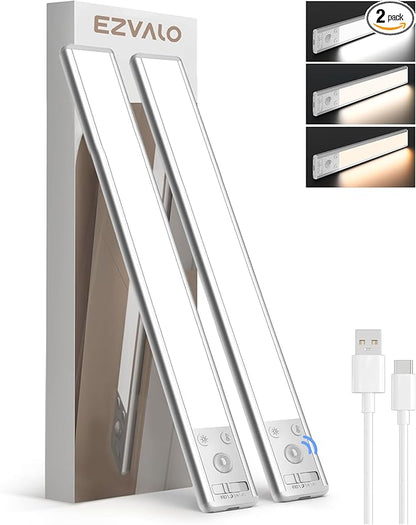 EZVALO 134 LED Under Cabinet Lights, 3200mAh Rechargeable Motion Sensor Light Indoor, Dimmable Magnetic Closet Lights with 3 Color Temps, Wireless Under Counter Lights for Kitchen, Stair (2 Pack)
