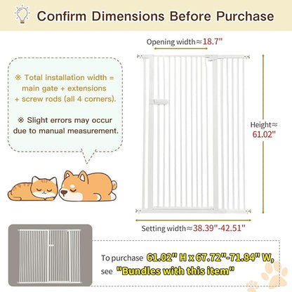 Lumizone Extra Tall Cat Gate 61.02" High Pressure Mounted Extra Wide 2025 New (17 Sizes) 1.37" Gap No Drilling Auto-Close One-Handed Operation Tall Pet Gate for Dogs(White, 61.02" H x 38.39"-42.51" W)