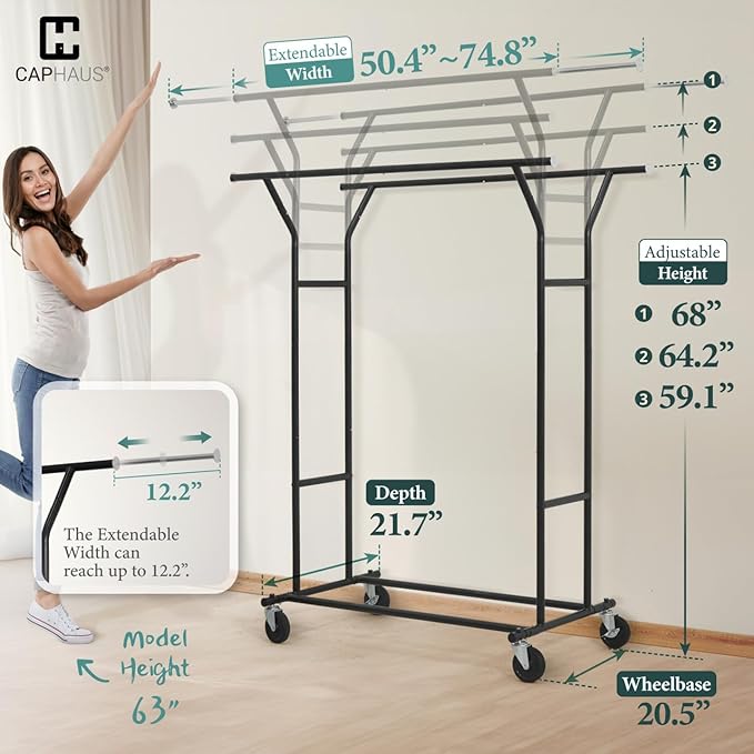 CAPHAUS Heavy Duty Clothes Rack with Double Rods, 440LBS Capacity Rolling Clothing Rack for Hanging Clothes, Adjustable Metal Wardrobe Rack, Garment Rack with Wheels and Extendable Rods, Black