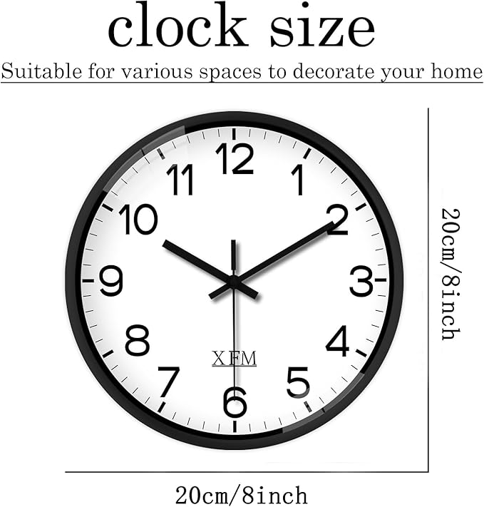 XFM Black Wall Clock Modern Small Wall Clocks Battery Operated 8 Inch Silent Non Ticking Classic Analog Clock for Kitchen Home Office Bedroom Decor