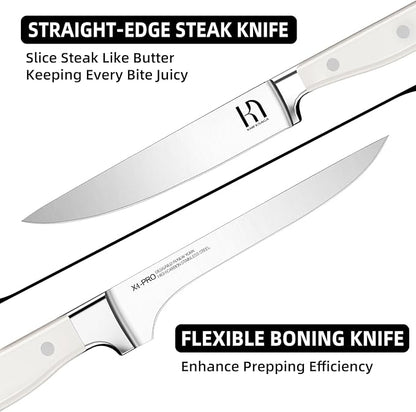 Kitchen Knife Block Set, 15-Piece Enduring Ultra Sharp Knife Set, Japanese High Carbon Stainless Steel, Premium Forged Knives for Kitchen and Professional Chefs, White
