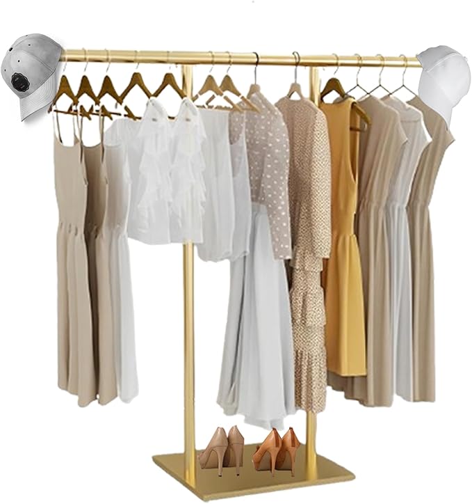 Gold Clothing Rack for Boutique, Gold Garment Rack, Double Pole Supported Stable Metal Retail Clothes Stand, Freestanding Clothes hanging Rack in Bedroom and Laundry Room (gold, 39.37X51.18in)