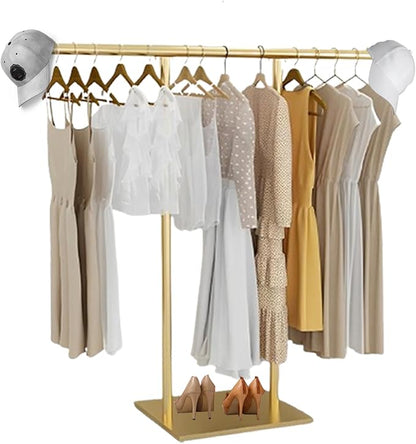 Gold Clothing Rack for Boutique, Gold Garment Rack, Double Pole Supported Stable Metal Retail Clothes Stand, Freestanding Clothes hanging Rack in Bedroom and Laundry Room (gold, 39.37X51.18in)