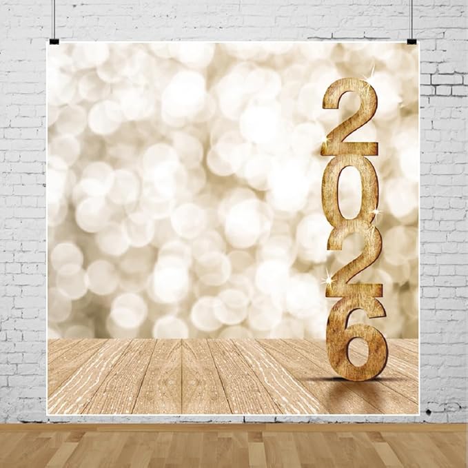 Leyiyi Happy New Year 2026 Background 8x8ft Photography Backdrops Wooden Bokeh Light Spot Dreamy Paillette Twinkle New Year Eve Christmas Family Party Adults Shooting Props