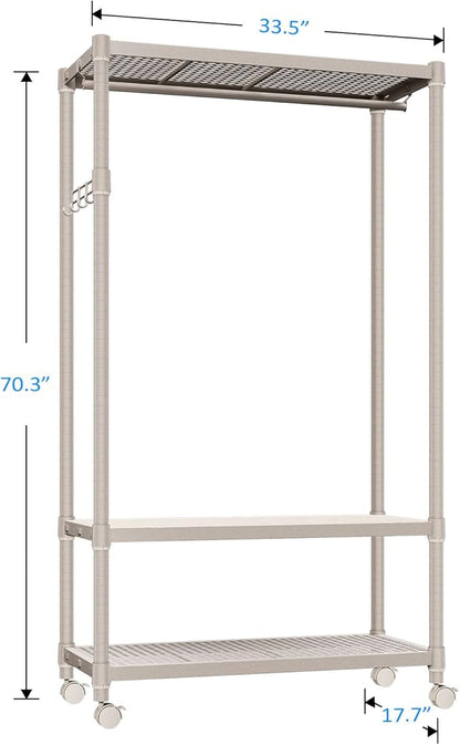 IZEUK Heavy Duty Rolling Garment Rack Wire Clothes Rack for Hanging Clothes, Metal Freestanding Closet Wardrobe Rack 3-Tier Clothing Rack with Wooden Boards Gold 17.7" D x 33.5" W x 70.3" H
