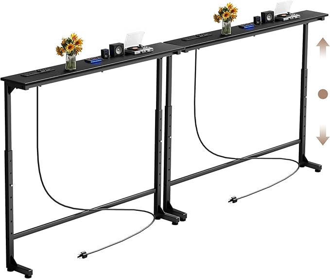 90 inch Narrow Console Table with Outlet,Adjustable Height(25"-37") Behind Sofa Table,Couch Behind Table Skinny,Couch Shelf with Charging Station,Long Entryway Tables for Living Room,Black