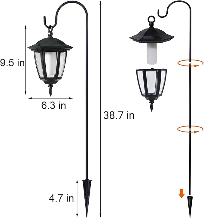 Dynaming 2 Pack Solar Halloween Flame Hanging Lights Outdoor, Flickering Flame LED Garden Lanterns with 2x38 Inch Shepherd Hooks, Landscape Lighting Waterproof for Lawn Yard Pathway Driveway, Purple