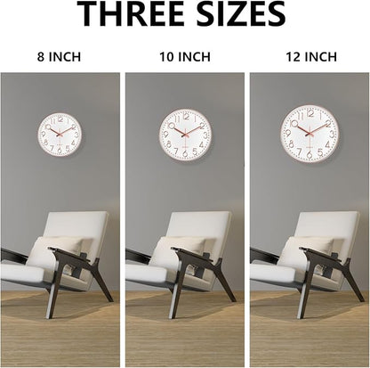 Silent Wall Clocks Battery Operated 8 Inch, Analog Wall Clock with Oversized Number Tempered Glass Clock Face, Rose Gold Quartz Non Ticking Wall Clocks for Living Room Bedroom Kitchen Office