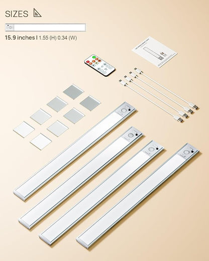 Under Cabinet Lights, 80 LED Motion Sensor Light Indoor,4000mAh USB Rechargeable Closet Light with Remote Control,3 Color Temps Wireless Under Counter Lights for Bedroom,Kitchen,Stairs,4 Pack
