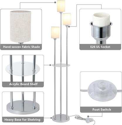 Floor Lamps for Living Room, 3-Lights Modern Floor Lamp with Shelves, Chrome Standing Lamp with Fabric Shade and Foot Switch, Shelf Standing Lamps with Table, Tall Lamps for Bedroom Office