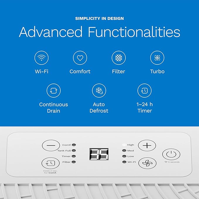 hOmeLabs 25 Pint Wi-Fi Dehumidifier for up to 3,500 Sq Ft Rooms (MAX 64 Pint at 95°F, 90% RH) – High-Efficiency Moisture Removal for Medium to Large Spaces with Auto Shut-Off and Quiet Operation