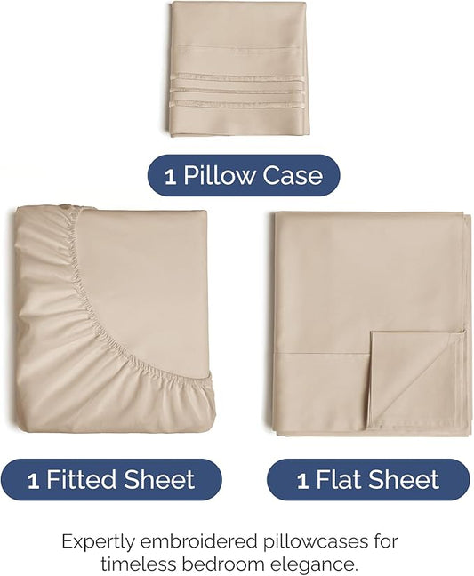 Twin Size 3 Piece Sheet Set - Comfy Breathable & Cooling Bed Sheets Set - Hotel Luxury Bedding for Women, Men, Kids, Teens, Boys & Girls - Deep Pockets, Ultra-Soft and Wrinkle Free - Oeko-Tex - Wheat