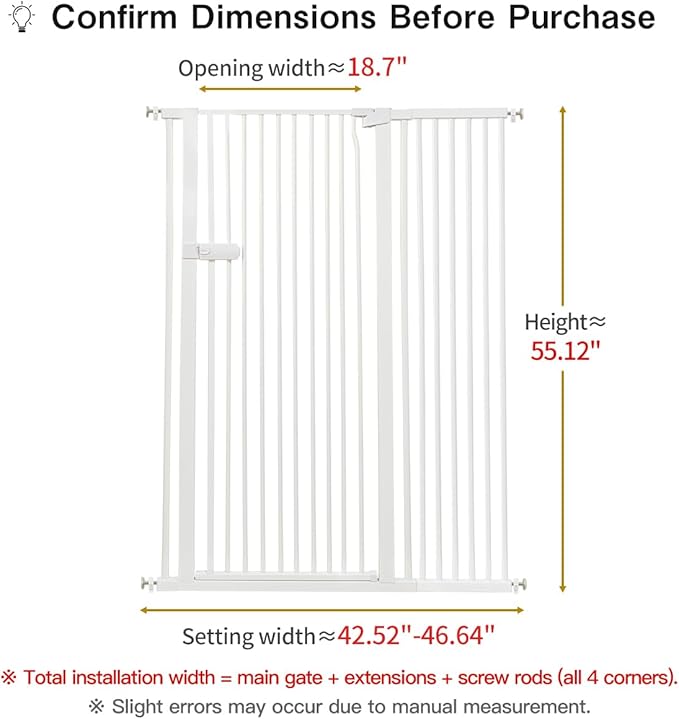 Lumizone Extra Tall Cat Gate 55.12" High Pressure Mounted Extra Wide 2025 New (17 Sizes) 1.37" Gap No Drilling Auto-Close One-Handed Operation Tall Pet Gate for Dogs(White, 55.12" H x 42.52"-46.64" W)