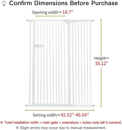 Lumizone Extra Tall Cat Gate 55.12" High Pressure Mounted Extra Wide 2025 New (17 Sizes) 1.37" Gap No Drilling Auto-Close One-Handed Operation Tall Pet Gate for Dogs(White, 55.12" H x 42.52"-46.64" W)