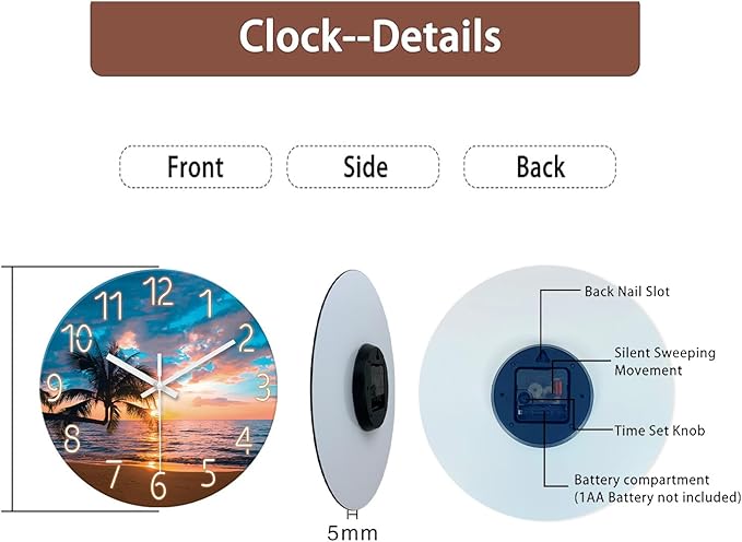 XFM Blue Nautical Beach Wall Clocks Battery Operated Palm Tree Wall Clocks for Living Room 12 Inch Round Glass Silent Wall Clock Non Ticking Sunset Clock