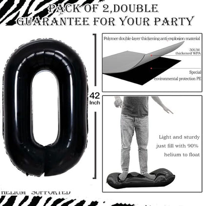 GOER 2 Pcs 42 Inch Black Foil Balloons Number 0 for 10th 20th 30th 40th 50th 60th 70th 80th 90th 100th Birthday Party Supplies Anniversary Decorations