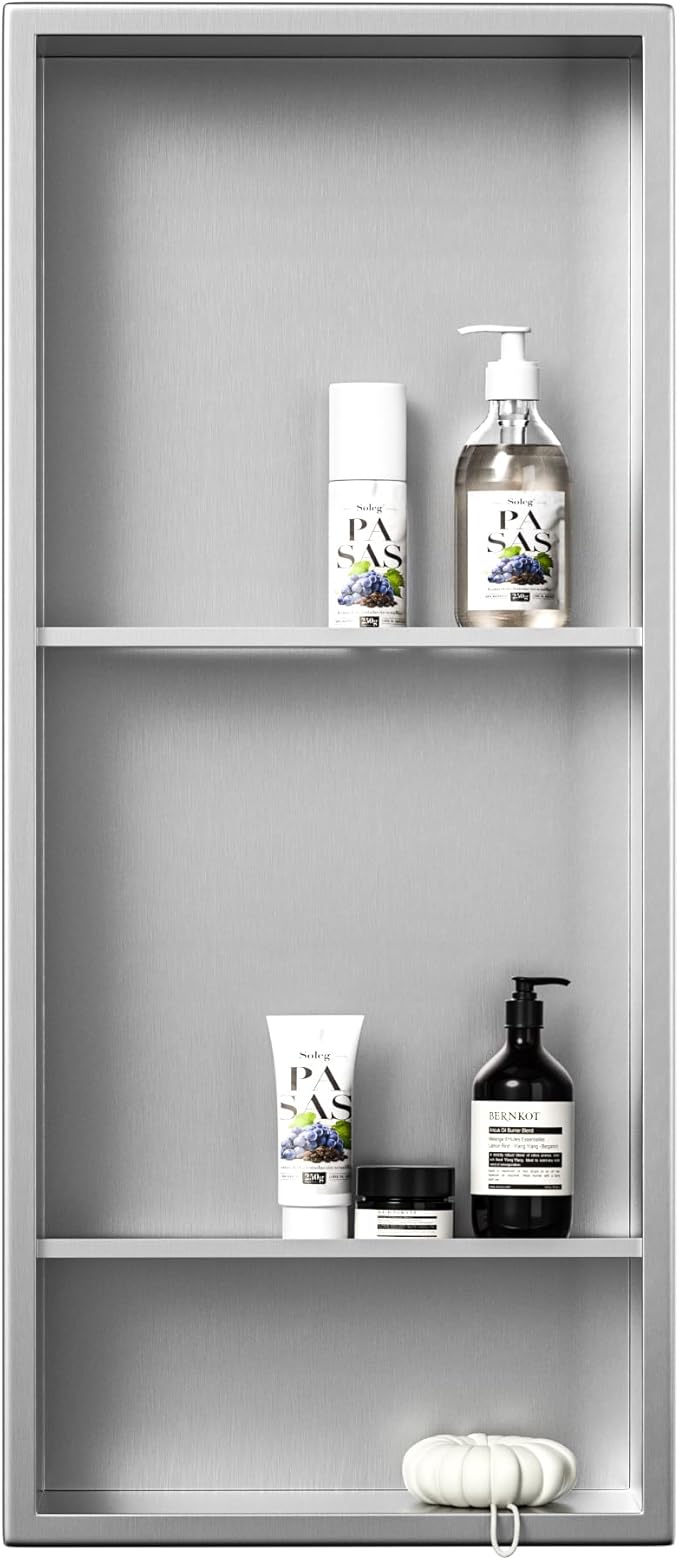 Stainless Steel Shower Niche 30" X 12" Brushed with 3-Tier Shelves No Tile Needed Niche Shower for Bathroom Storage Recessed Shower Shelf
