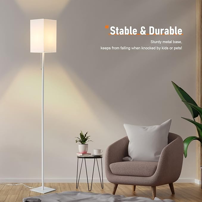 Floor Lamp for Living Room, Modern Standing Lamp Tall Lamp with Linen Shade, Simple Design Floor Lamp for Bedroom, Office, Kids Room, Reading, Working, White