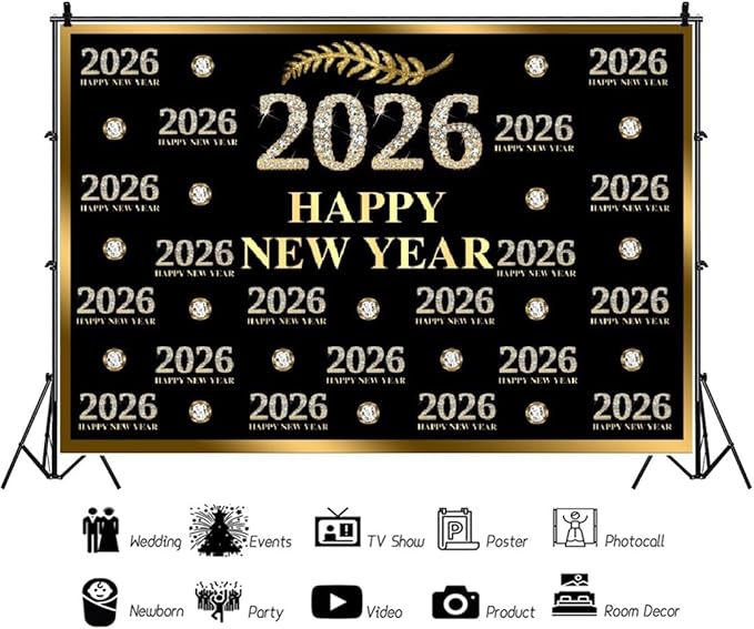 Leyiyi 5x3ft 2026 Happy New Year Backdrop Sparkling Diamond Black and Gold Photography Background Step and Repeat Diamond 2026 Photo Backdrop New Year Eve Holiday Party Photo Props