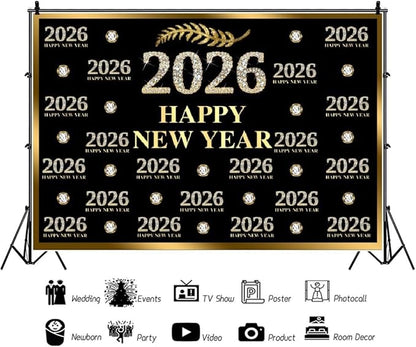 Leyiyi 5x3ft 2026 Happy New Year Backdrop Sparkling Diamond Black and Gold Photography Background Step and Repeat Diamond 2026 Photo Backdrop New Year Eve Holiday Party Photo Props