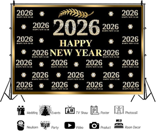 Leyiyi 15x10ft 2026 Happy New Year Backdrop Sparkling Diamond Black and Gold Photography Background Step and Repeat Diamond 2026 Photo Backdrop New Year Eve Holiday Party Photo Props