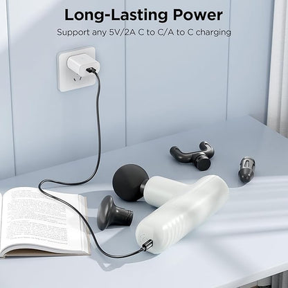 Mini Massage Gun, Powerful Handheld Muscle Massager for Back Pain Relief, Deep Tissue Percussion Small Massage Gun Travel Massager with 4 Massage Heads Silent Brushless Motor, White