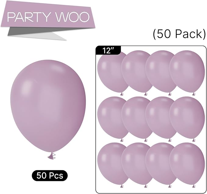 PartyWoo Dusty Purple Balloons 50 pcs 12 Inch Matte Lavender Lilac Latex Helium Balloons for Wedding Baby Shower Gender Reveal Graduation Birthday Party Decorations Purple-F29