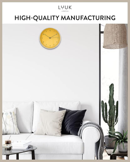 LUUK LIFESTYLE 10” Quartz Wall Clock with Silent Movement, Timeless Scandinavian Design, Kitchen Wall Clock, Decoration for Children's Room, Yellow and Silver