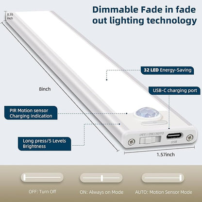 AVEVA 12inch Under Cabinet Lighting, 4 Pack Rechargeable Motion Sensor Light Indoor, Wireless Dimmable Magnetic Closet Lights, 50 LED Under Counter Lights for Kitchen, Wardrobe, Stairs, White Light