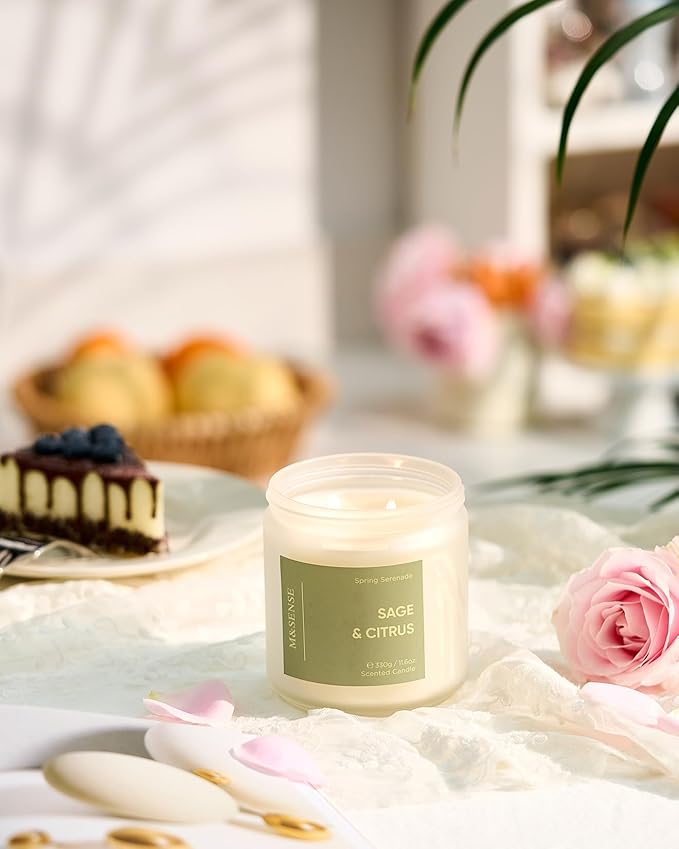M&SENSE Sage Citrus Scented Candle - 11.6oz Natural Soy Non Toxic 70 Hour Burn Time 2 Wick Aromatherapy Candle for Home Decor, Summer Fragrance for Stress Relief & Relaxation