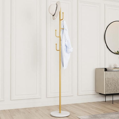 Gold Coat Rack, Free-standing Small Modern Coat Stand Tree with 6 Hooks, Marble Base, Hat & Coat Cactus Shape Hanger for Bedroom, Office, Metal Vintage, gold