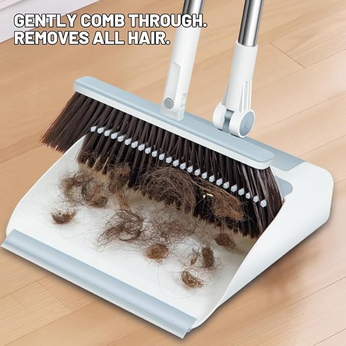 3-in-1 Broom, Dustpan, and Lint Roller Set - Adjustable Angle Broom with Self-Cleaning Dustpan and Extendable Handle Lint Roller for Pet Hair, Dust, and Dirt - Compact & Space-Saving Cleaning Kit