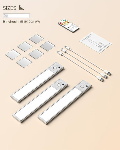 Under Cabinet Lights with Remote Control, USB Rechargeable Battery 180 Lumen Motion Sensor Indoor Light,3 Pack Wireless Under Counter Light,3 Color Dimmable Closet Lighting for Kitchen,Stairs,Wardrobe
