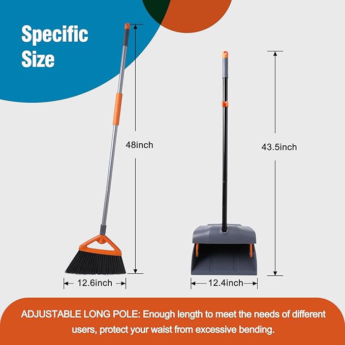 Heavy Duty Broom with Dustpan Combo Set Indoor and Outdoor Dual Purpose,Stiff Bristle Commercial Angle Broom and Standing Dust Pans with Long Handle for Sweeping Home,Kitchen,Yard,Grey