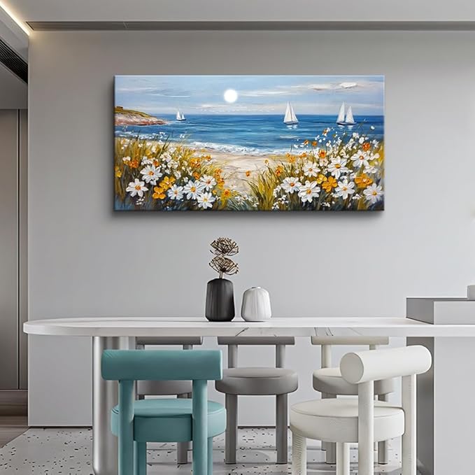 KELIYUAN Vintage Landscape Painting Home Decor Canvas Blue Ocean Beach Picture Print Wall Art For Living Room Farmhouse Dinin Mural White Flowers Bedroom Office Wall Decor Easy To Hang 20x40 Inches